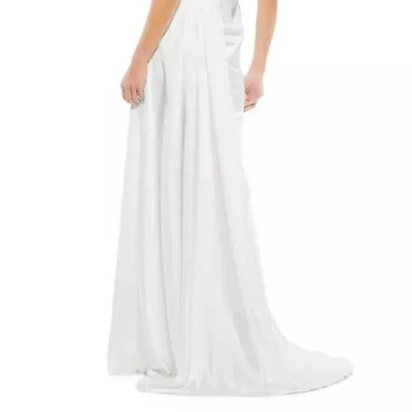 Ieena Mac Duggal White One-Shoulder Faux Wrap Satin Gown